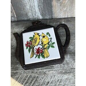Cast Iron & Ceramic Tile Trivet Or Wall Decor  Hand Painted Cardinal Vintage
